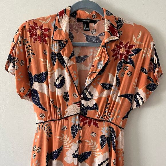 Forever 21 Orange Boho Button Front Floral Print Dress Cream Navy Wine sz Small - Picture 2 of 7